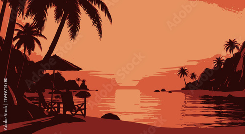 Santa beach vector tropical sunset with palm trees and chairs