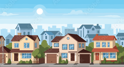 Peaceful view of a suburban neighborhood street with various colorful houses, green trees, and a bright sun in a clear blue sky.