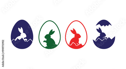 Colorful silhouettes of Easter bunnies appearing within egg shapes for creative seasonal holiday cards and decoration design.