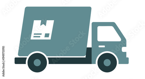 Simple teal and dark blue illustration of a delivery truck with a package