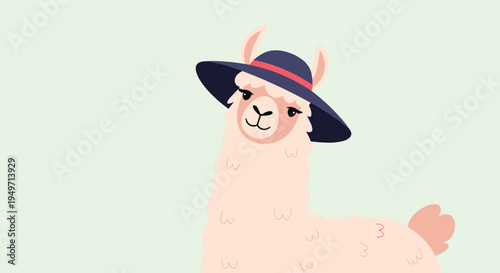 Stylish llama character portrait wearing a dark blue wide-brimmed hat with a red band on a soft light green background.