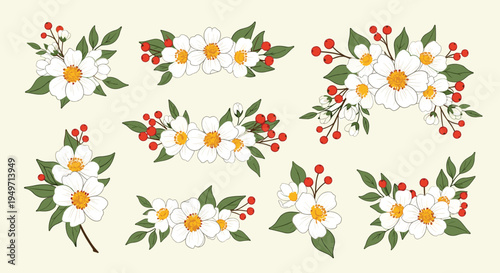 Elegant collection of white floral arrangements with green leaves and red berries for wedding and botanical design concepts.