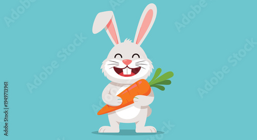 Cheerful cartoon bunny character standing and holding a large orange carrot against a solid blue background for Easter.
