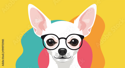 Portrait of a white chihuahua dog wearing black round-rimmed glasses against a vibrant yellow and colorful abstract background.