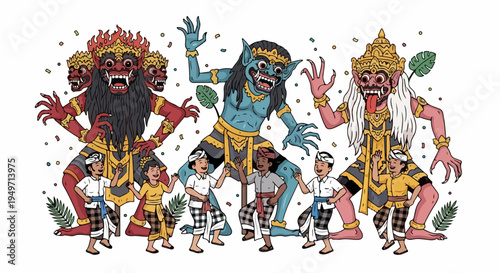 Vibrant Illustration of Balinese Children Celebrating with Large Ogoh-ogoh Monster Statues During the Nyepi Festival in Bali Indonesia