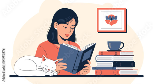 Calm illustration of a young woman reading a blue book at a desk with a sleeping white cat and a stack of books nearby.