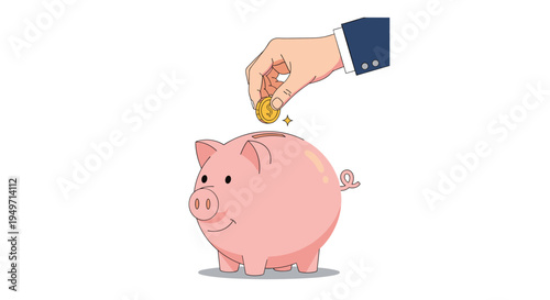 Illustration of a businessman's hand putting a gold coin into a classic pink piggy bank to symbolize savings and investment.