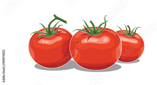 Group of three fresh red tomatoes with green stems shown with soft shadows on a clean white background for food marketing.