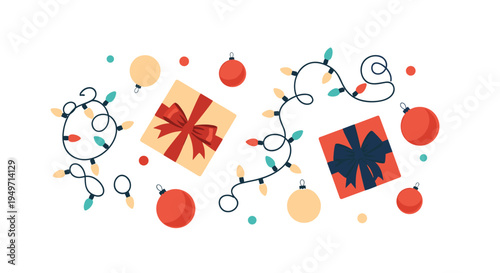 Festive top-down arrangement of Christmas gift boxes, ornaments, and tangled colorful string lights for holiday season concepts.