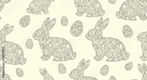 Intricate seamless pattern featuring detailed silhouettes of bunnies and eggs on a light cream background for Easter themes.