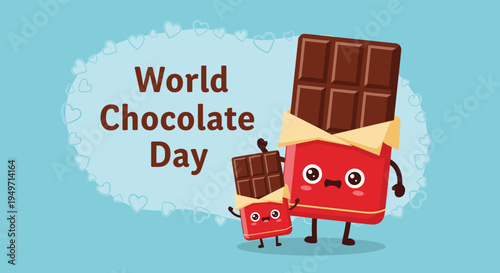 Cute chocolate bar characters, a parent and child, celebrating World Chocolate Day against a blue background with heart shapes.