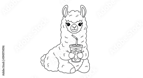 Adorable line art illustration of a fluffy llama sitting and holding a cup of bubble tea with boba pearls for coloring.