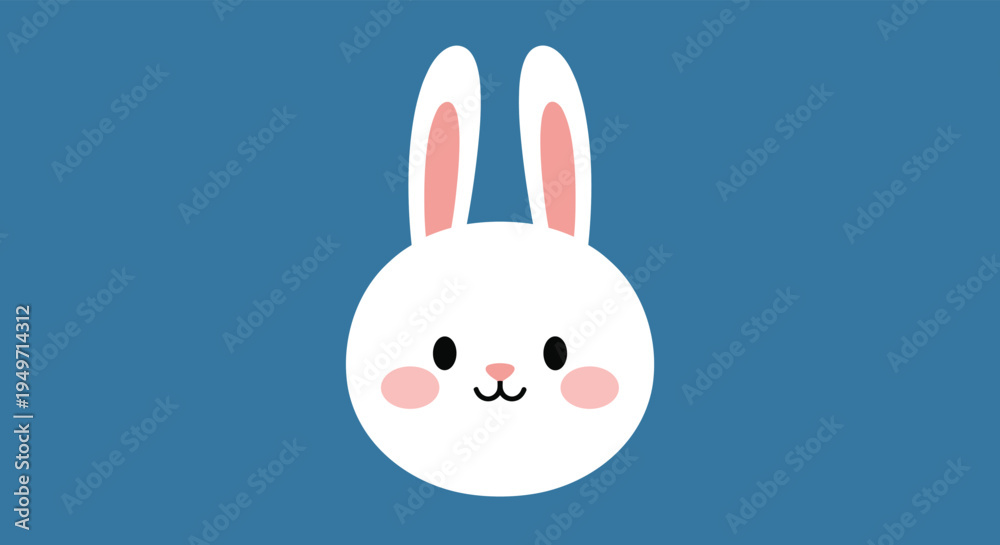 Obraz premium Minimalist illustration of a cute white rabbit head with pink ears and rosy cheeks centered on a solid blue background for children bedroom decor.