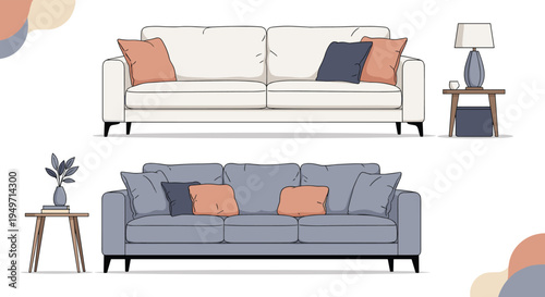 Modern living room interior set featuring a cream sofa and a blue sofa with colorful cushions and stylish side tables with lamps and house plants.