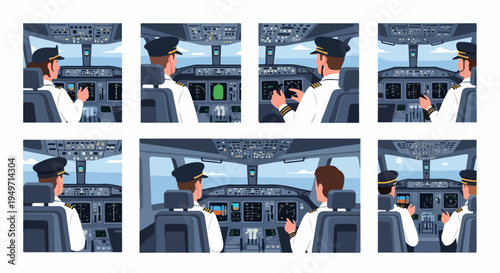 Set of flat vector illustrations depicting professional pilots in uniform operating an airplane cockpit with complex control panels and flight instruments.
