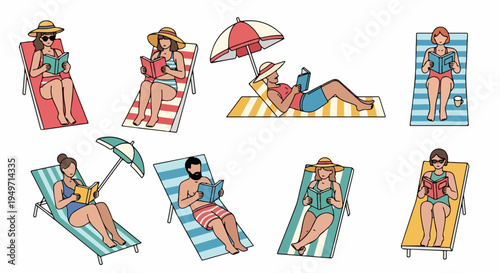 Collection of diverse people in swimsuits relaxing on sun loungers and reading books under beach umbrellas during summer vacation illustration.