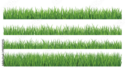 Four horizontal strips of lush green grass textures with different heights and details for use in landscape and garden nature design projects.