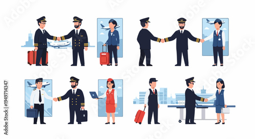 Flat illustration set of airline crew members, pilots, and flight attendants in uniform at an airport terminal, featuring handshakes and travel scenes.