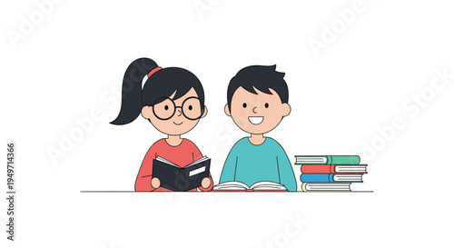 Cute illustration of a boy and a girl sitting together and reading books with a stack of colorful books on the table for school education themes.