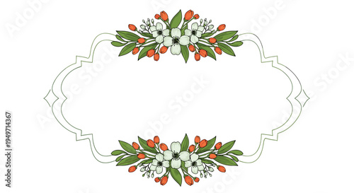 Ornate decorative frame with an elegant curved border and beautiful white flowers with orange buds and green leaves on the top and bottom edges.