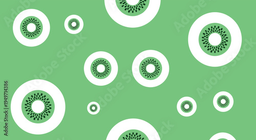 Seamless fruit pattern featuring stylized white circles containing green kiwi slices with black seeds on a vibrant green background for summer.