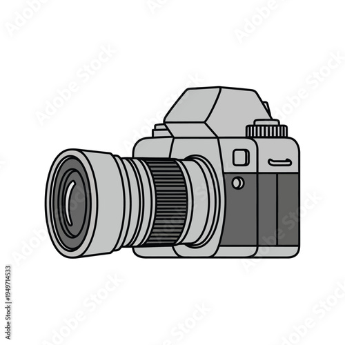 Isolated digital SLR camera with a black lens on a white background featuring vintage photographic equipment details and classic shutter technology