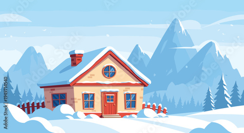 Picturesque winter landscape featuring a cozy yellow house with a red roof covered in snow in front of majestic blue mountains and pine trees.