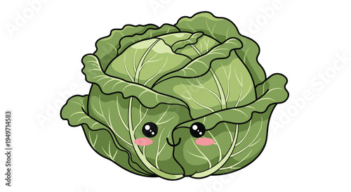 Adorable cartoon cabbage character with a smiling face and rosy pink cheeks shown on a clean white background for healthy eating food themes.