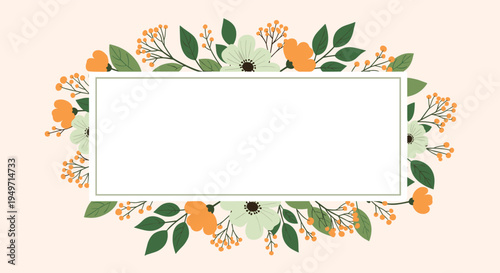 Horizontal rectangular frame surrounded by beautiful orange and light green flowers with green leaves and small berry sprigs for text space.