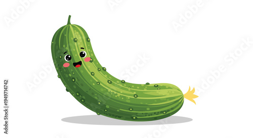 Adorable cartoon cucumber character with a smiling face, pink cheeks, and small bumps on its skin standing on a light gray shadow.