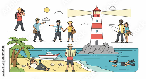 Flat Illustration of People Enjoying Summer Vacation Activities at a Beach with a Lighthouse, Palm Trees, and Ocean Waves