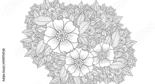 Complex black and white line art drawing of a dense floral bouquet with large blooming flowers and many detailed leaves for coloring.