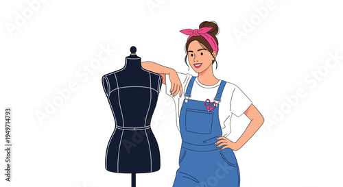 Stylish young woman with a pink headband leaning on a tailor mannequin in a fashion design studio isolated on a clean white background.