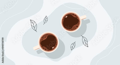 Top view illustration of two cups of black coffee placed on a stylized blue background with delicate leaf drawings and artistic waves.