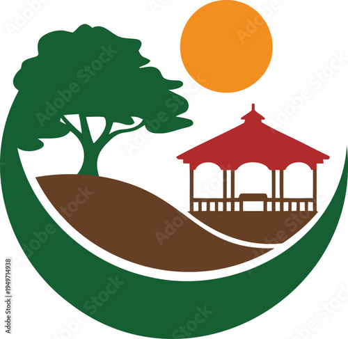 Simple illustration of a gazebo and tree under a sun