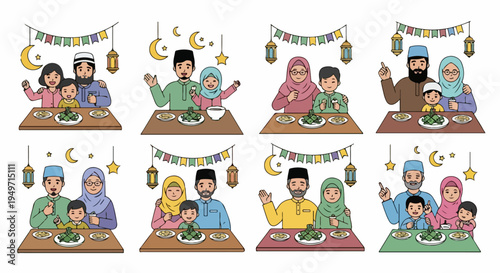 Set of illustrations depicting diverse Muslim families celebrating Eid al-Fitr or Ramadan Kareem with traditional food and festive decorations.
