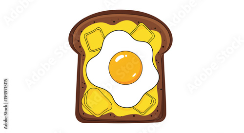 Delicious breakfast illustration of a slice of toasted bread topped with squares of butter and a perfect fried egg.