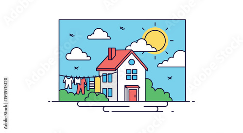 Charming illustration of a white house with a red roof, laundry hanging on a line, and a bright sun in a blue sky.