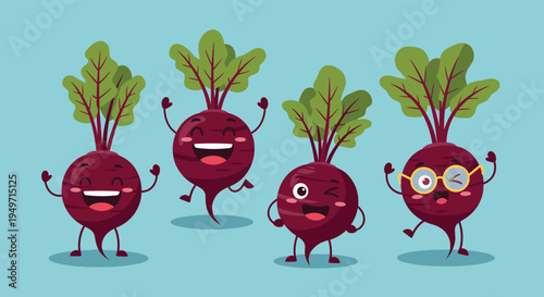 Group of cheerful cartoon beetroot characters with green leaves and happy expressions dancing on a blue background.