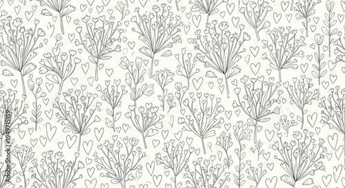 Detailed line art pattern showing a dense arrangement of small flowers and hearts in a minimalist black and white style.