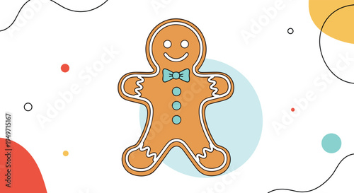 Cute gingerbread man character with a blue bow tie and buttons stands against a modern abstract graphic background.