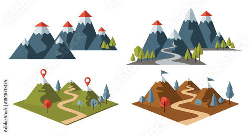 Set of four different mountain icons featuring paths leading to peaks with flags or markers for adventure and travel.