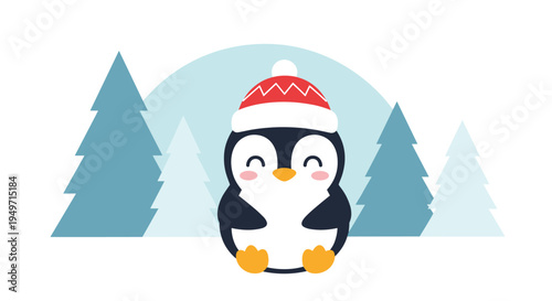 Sweet baby penguin wearing a red and white winter hat sits peacefully between several simple blue and white pine trees.