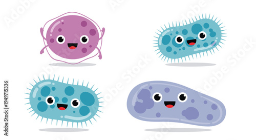 Group of four colorful and friendly cartoon bacteria characters with big eyes and smiles representing microbes.