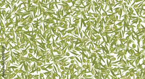 Realistic seamless pattern of green olive branches with leaves and ripe olives densely packed over a white background.
