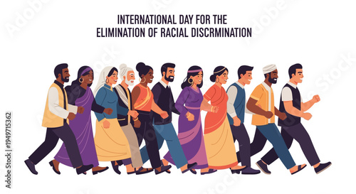 Illustration of diverse people walking together in unity for the International Day for the Elimination of Racial Discrimination with a multicultural and inclusive concept on a white
