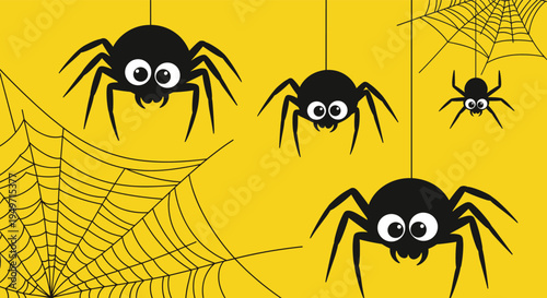 Spooky yet cute illustration of black spiders hanging from their webs against a bright solid yellow background.