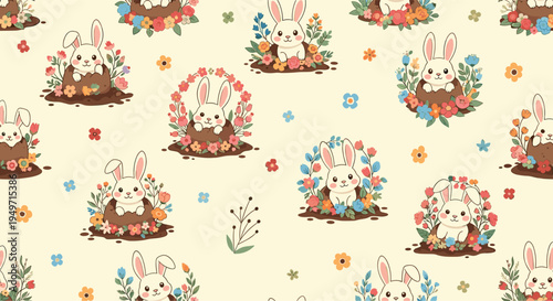 Adorable seamless pattern of white bunnies popping out of burrows surrounded by colorful spring flower wreaths.