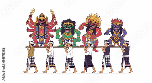 Illustration of Balinese men carrying giant Ogoh-ogoh statues for a religious parade during the Hindu purification ritual of Nyepi in Bali.