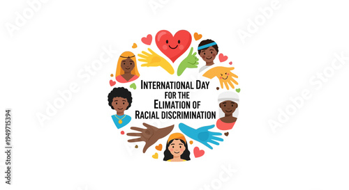 Illustration of International Day for the Elimination of Racial Discrimination with diverse hands and hearts, promoting unity and equality on a colorful background.